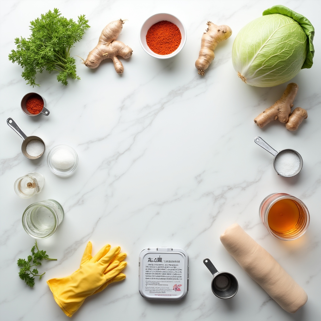 Spread of fermentation supplies including vegetables, jars, spices, and measuring tools on a clean white surface