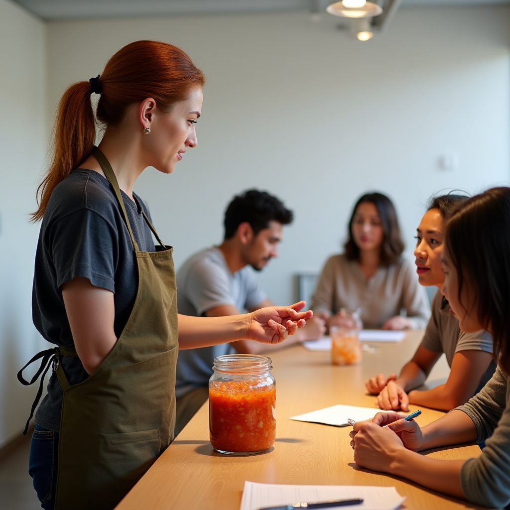 Workshop instructor explaining fermentation process to a small group of attentive adult participants